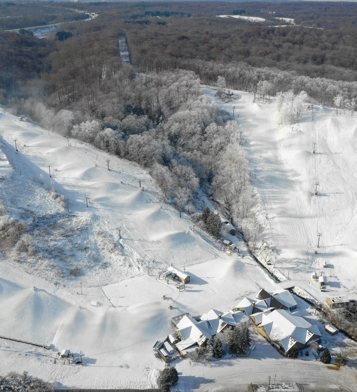 Aerial view of the lodge, lifts and runs and boston mills / brandywine