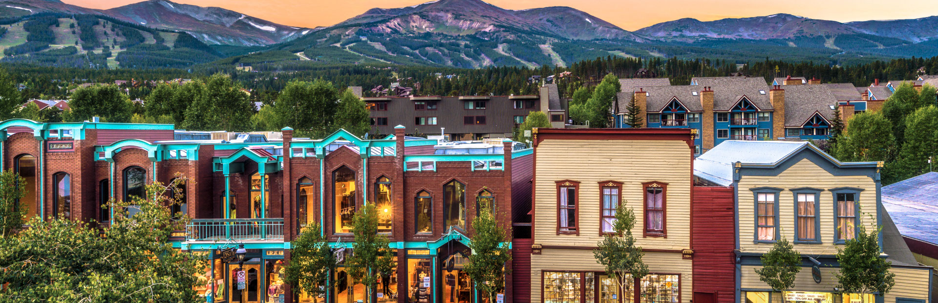 Row of buildings on Main Street in Breckenridge Colorado at sunset