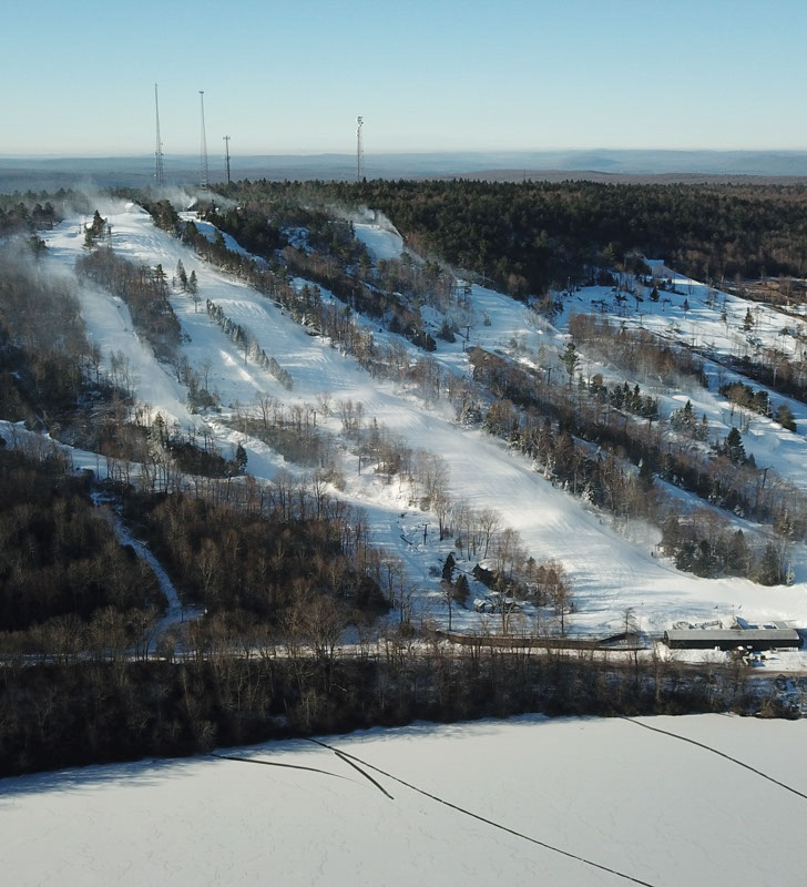 Aerial view of the ski and snowboard runs at Jack Frost / Big Boulder