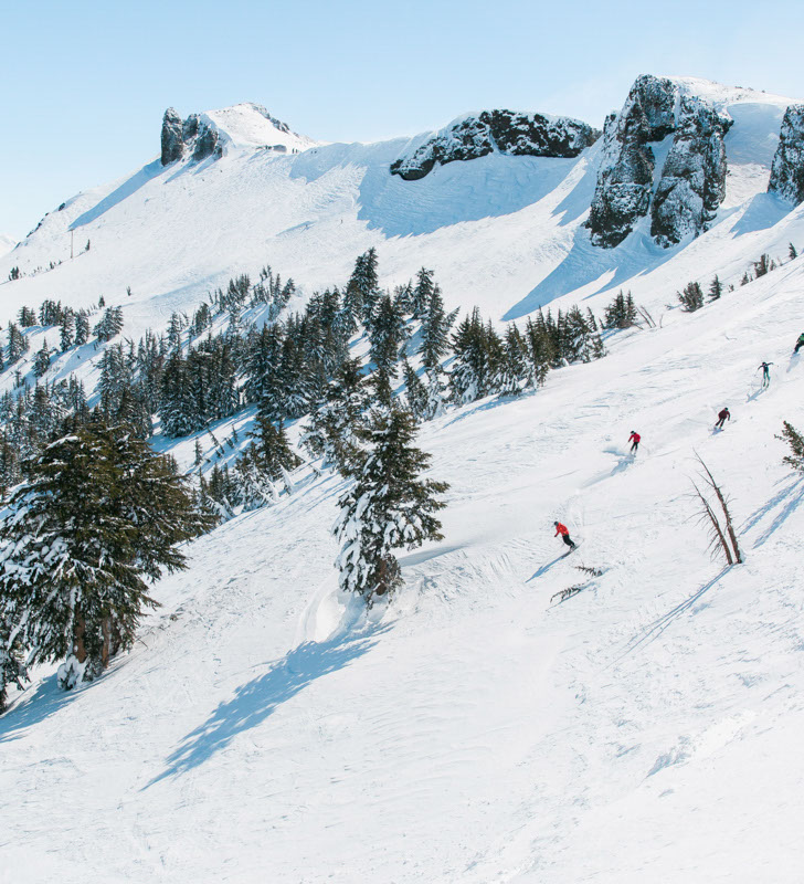 Aerial image of a group of skiers skiing down a run at kirkwood