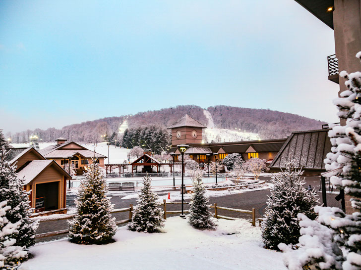 Image of the base area with ski runs in the background at liberty