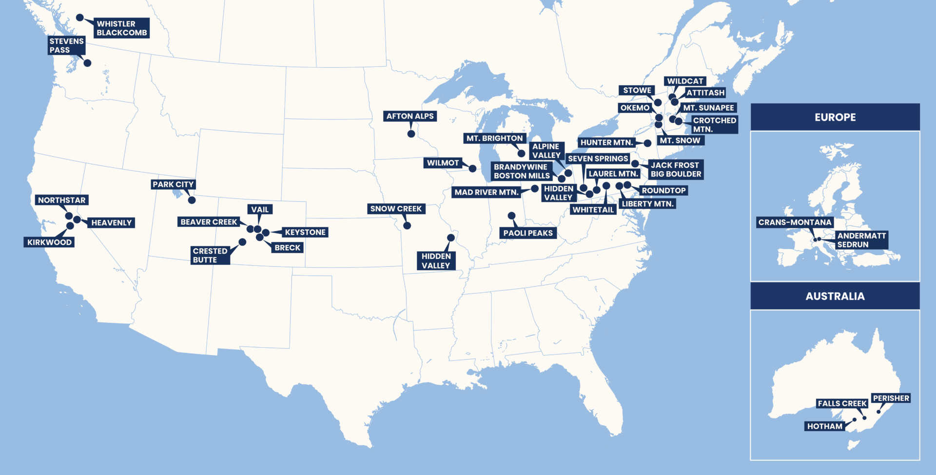 A map of all of Vail Resort's properties. 